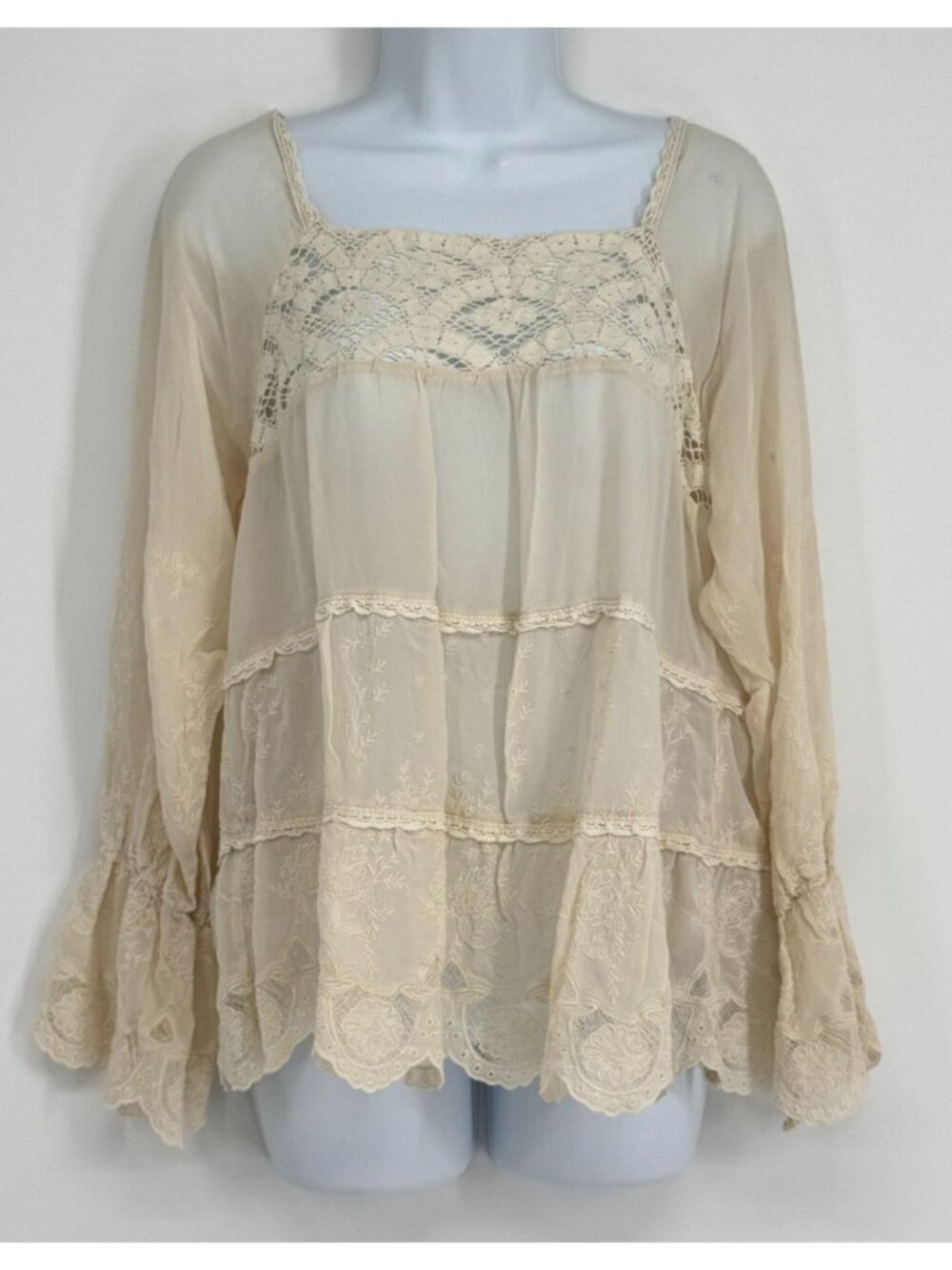 Johnny Was 4 Love & Liberty L Ivory Boho Baby doll Peasant Fairy Whimsy Blouse